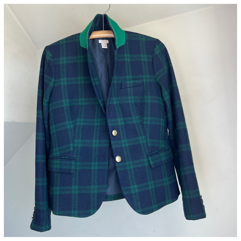 J.Crew Plaid Schoolboy Blazer Size 10 Green Navy Wool Blend Crest Button Preppy - Picture 4 of 9